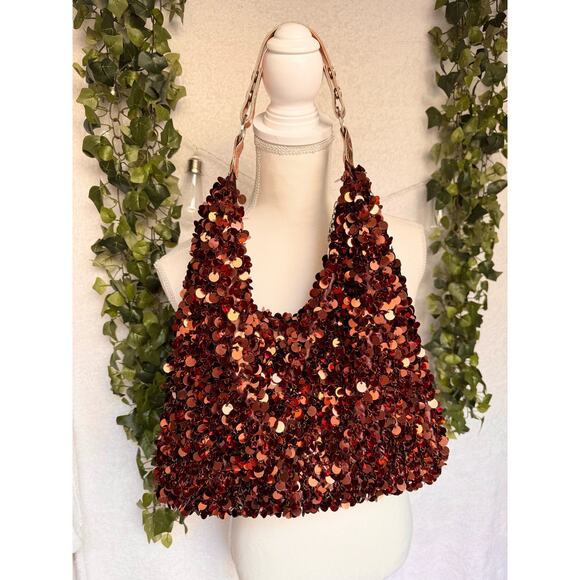 Y2K Sequin Shaggy Shoulder Bag Purse Brown Shiny Sparkly - Picture 5 of 13